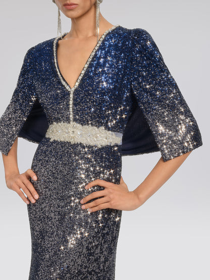 Gradient Sequin Cape Sleeve Dress (Belt Not Included)