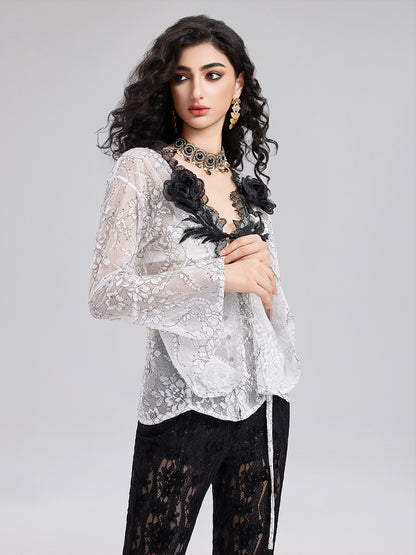 Two-Tone Lace V-neckline Shirt