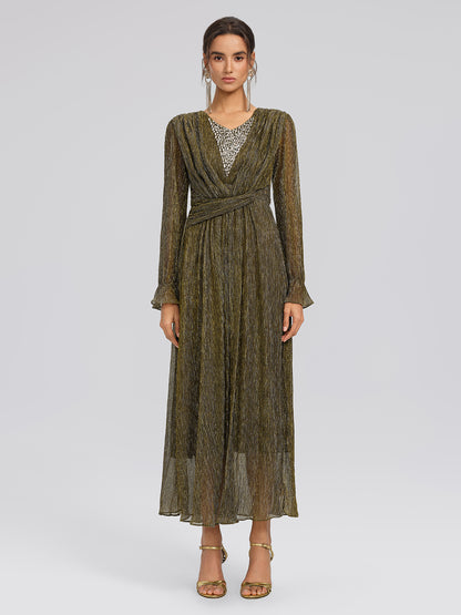 Pleated Lurex Crystal V-Neck Dress