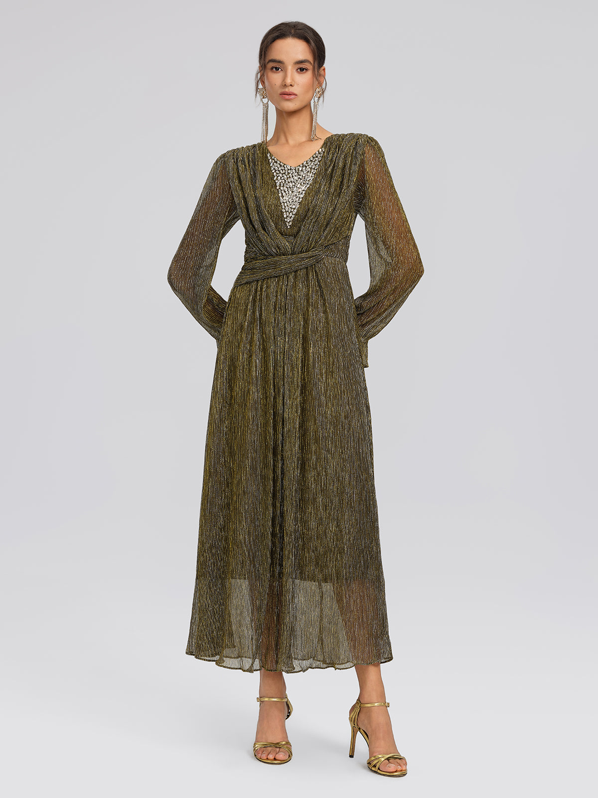 Pleated Lurex Crystal V-Neck Dress
