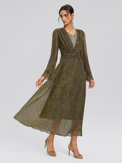 Pleated Lurex Crystal V-Neck Dress