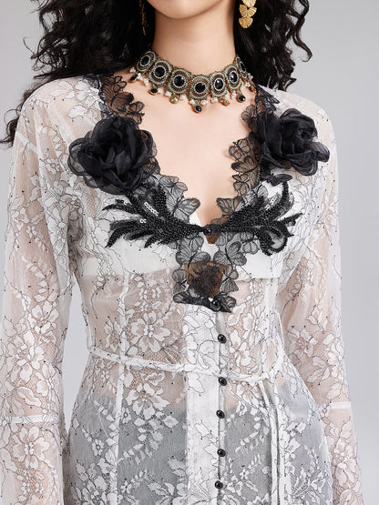 Two-Tone Lace V-neckline Shirt