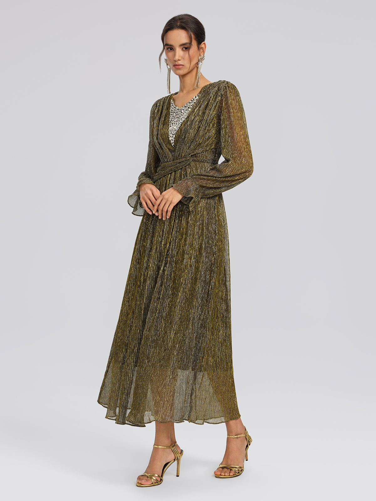 Pleated Lurex Crystal V-Neck Dress