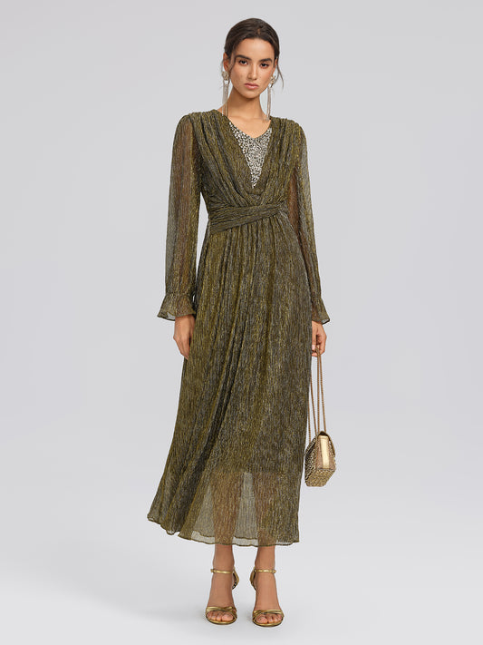 Pleated Lurex Crystal V-Neck Dress
