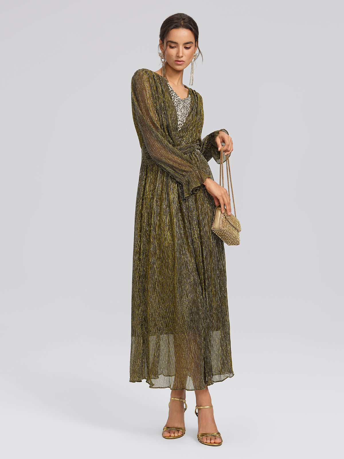 Pleated Lurex Crystal V-Neck Dress