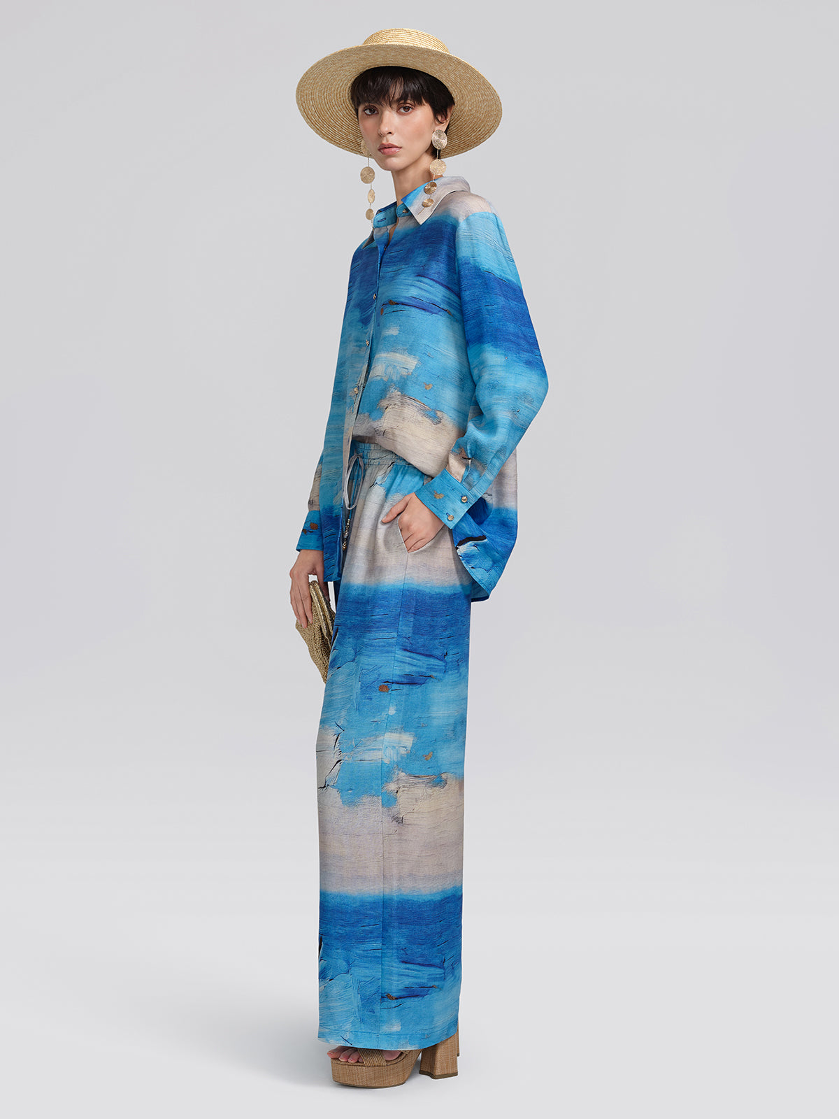 Blue Oil Painting Print Wide-Leg Pants