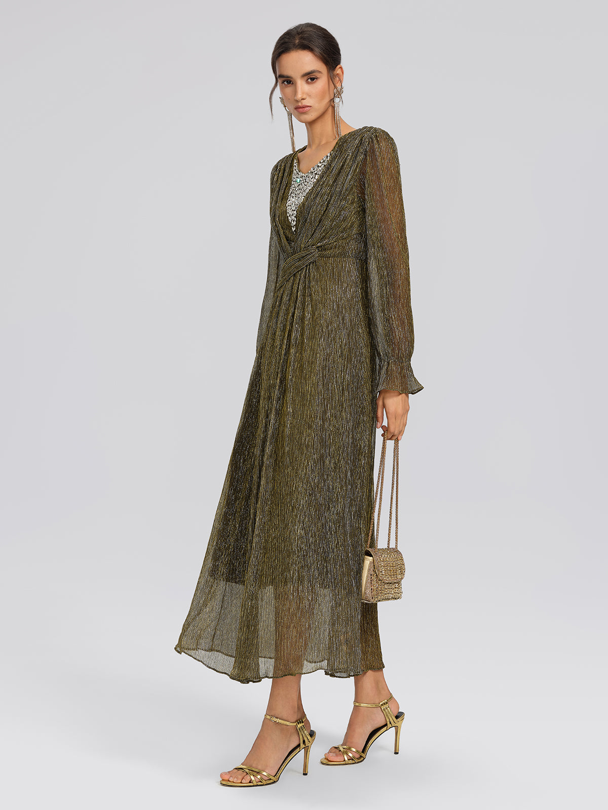 Pleated Lurex Crystal V-Neck Dress