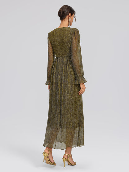Pleated Lurex Crystal V-Neck Dress
