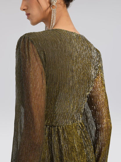 Pleated Lurex Crystal V-Neck Dress