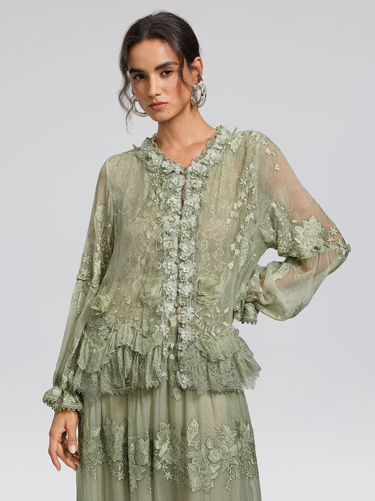 Hand-Dyed Silk Embroidered Floral Top