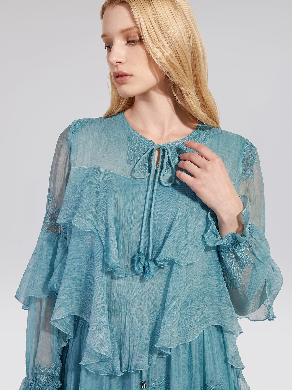 Washed Silk Floral Embroidered Dress