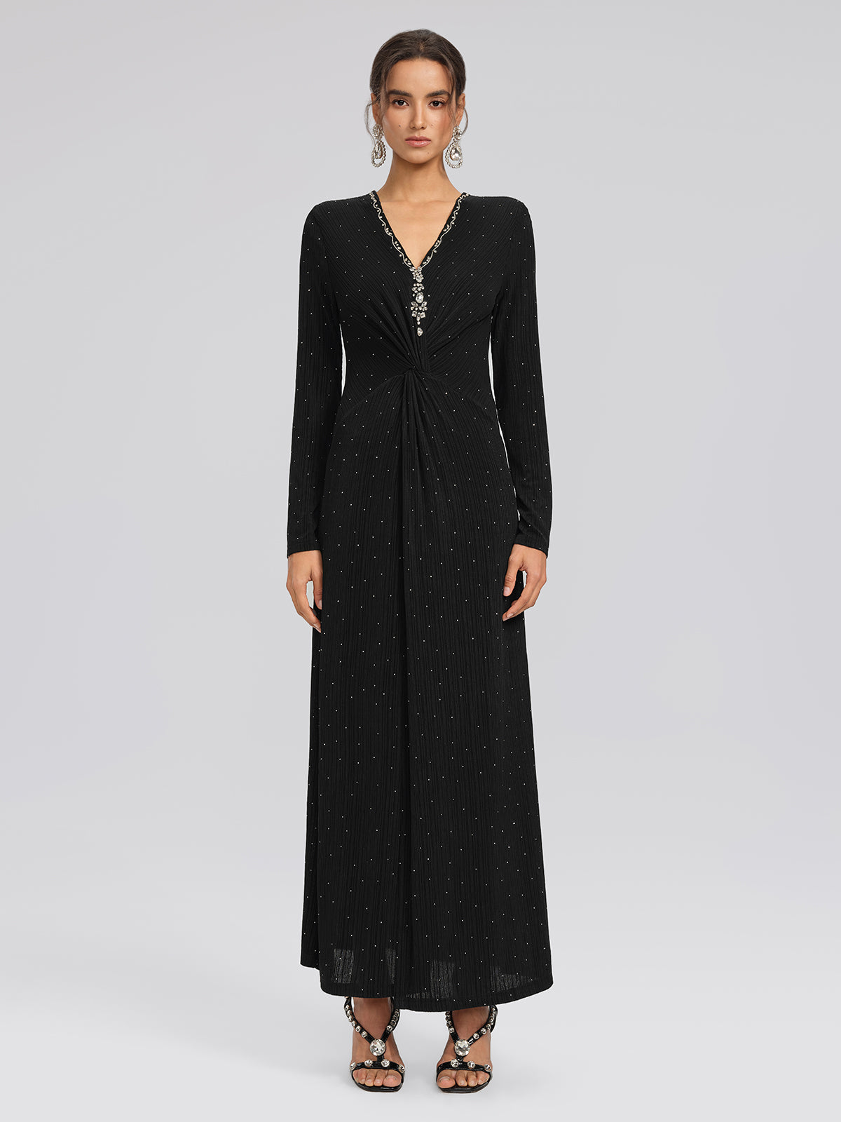 Crystal-Embellished Black Sheer Evening Gown