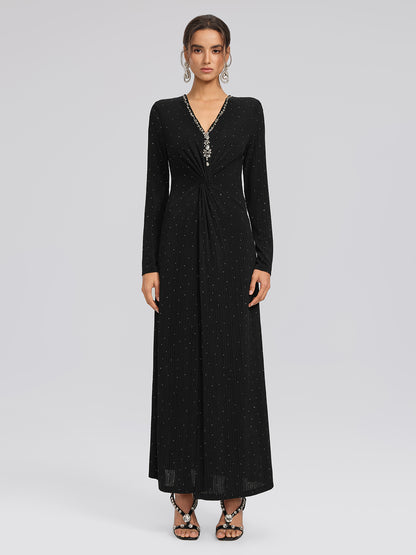 Crystal-Embellished Black Sheer Evening Gown