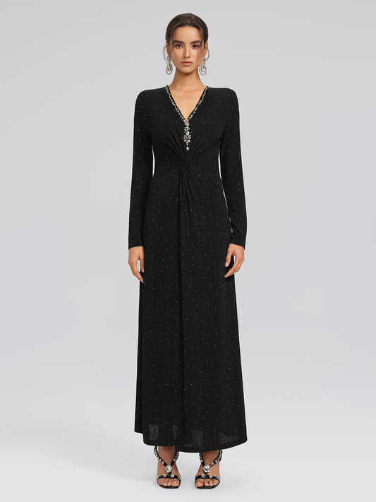 Crystal-Embellished Black Sheer Evening Gown