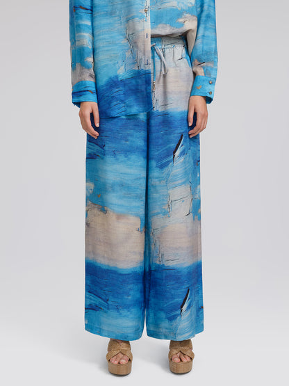 Blue Oil Painting Print Wide-Leg Pants