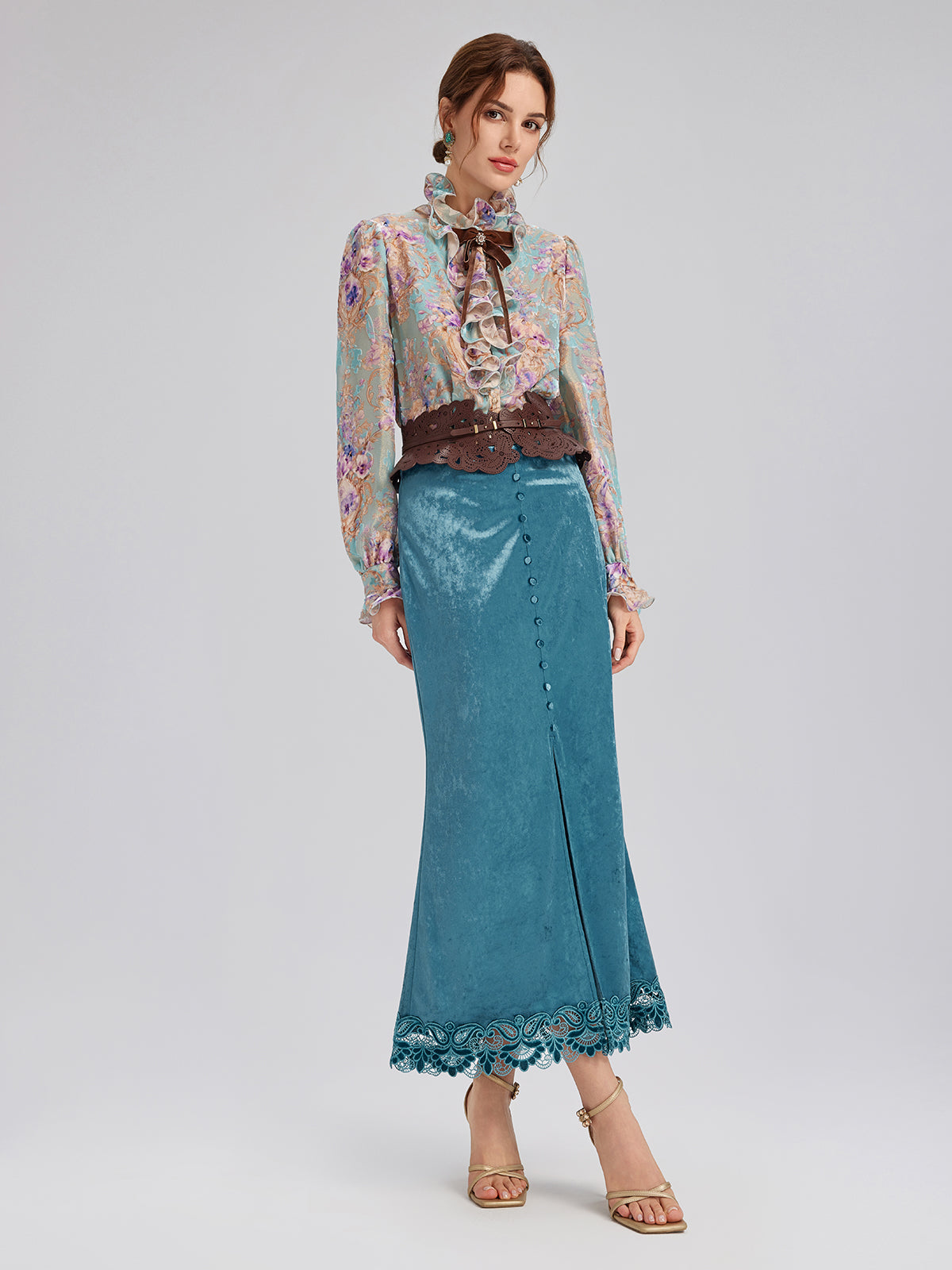 Silk Velvet Devoré Ribbon Bow Ruffle Blouse