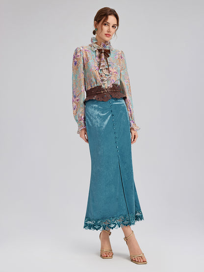 Silk Velvet Devoré Ribbon Bow Ruffle Blouse