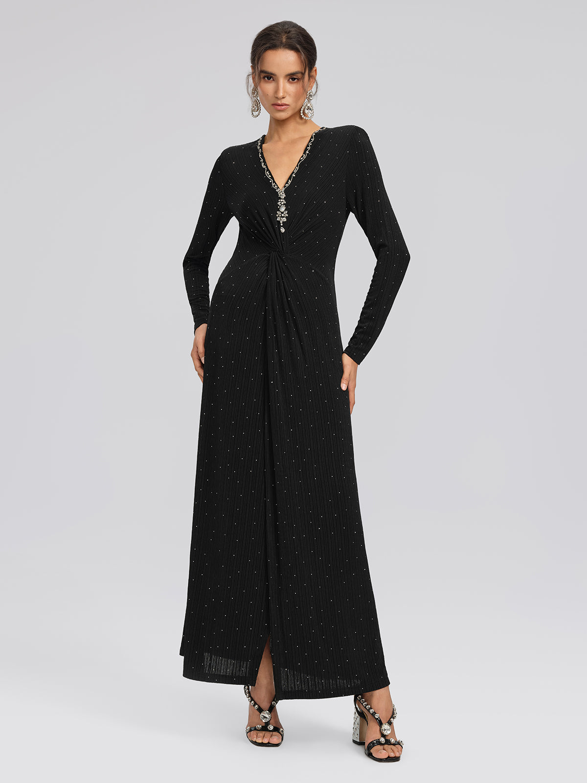 Crystal-Embellished Black Sheer Evening Gown