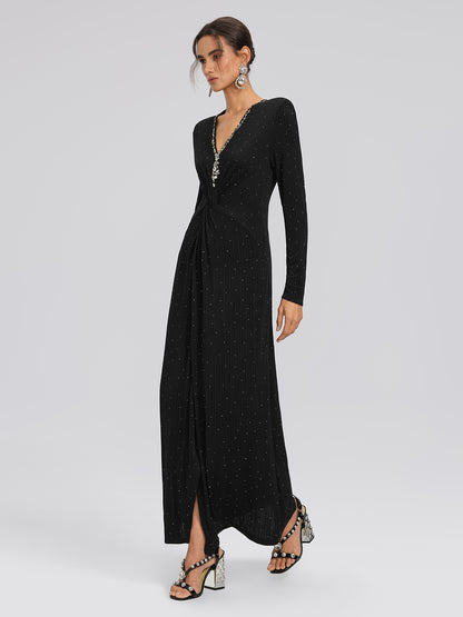 Crystal-Embellished Black Sheer Evening Gown
