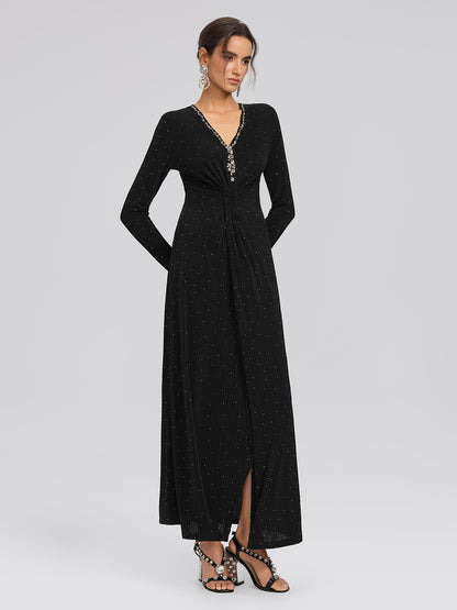 Crystal-Embellished Black Sheer Evening Gown