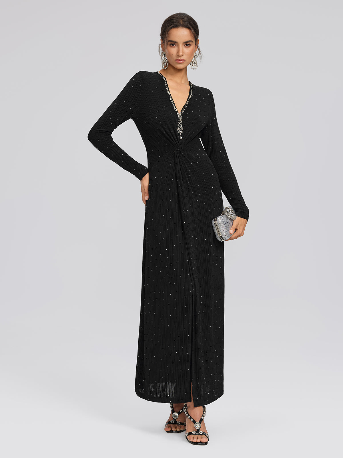 Crystal-Embellished Black Sheer Evening Gown