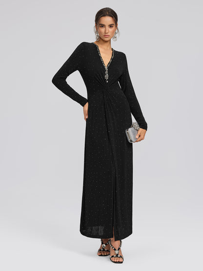Crystal-Embellished Black Sheer Evening Gown