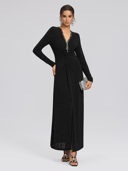 Crystal-Embellished Black Sheer Evening Gown
