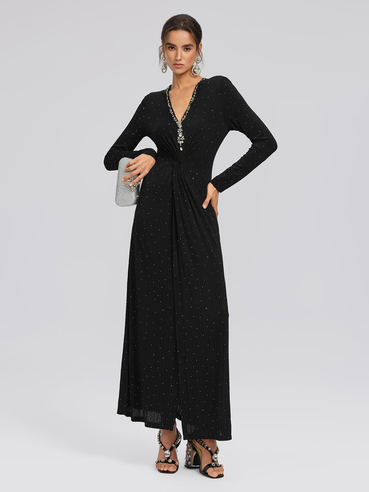 Crystal-Embellished Black Sheer Evening Gown