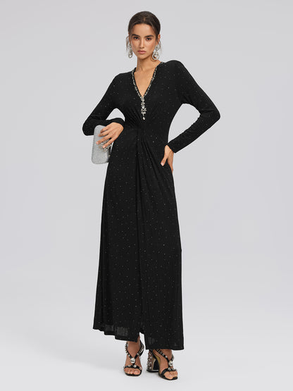 Crystal-Embellished Black Sheer Evening Gown