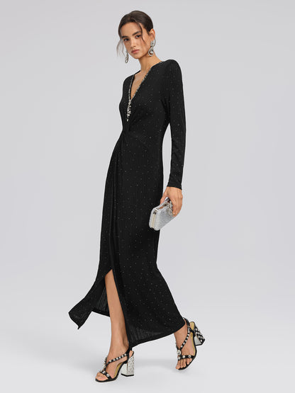 Crystal-Embellished Black Sheer Evening Gown