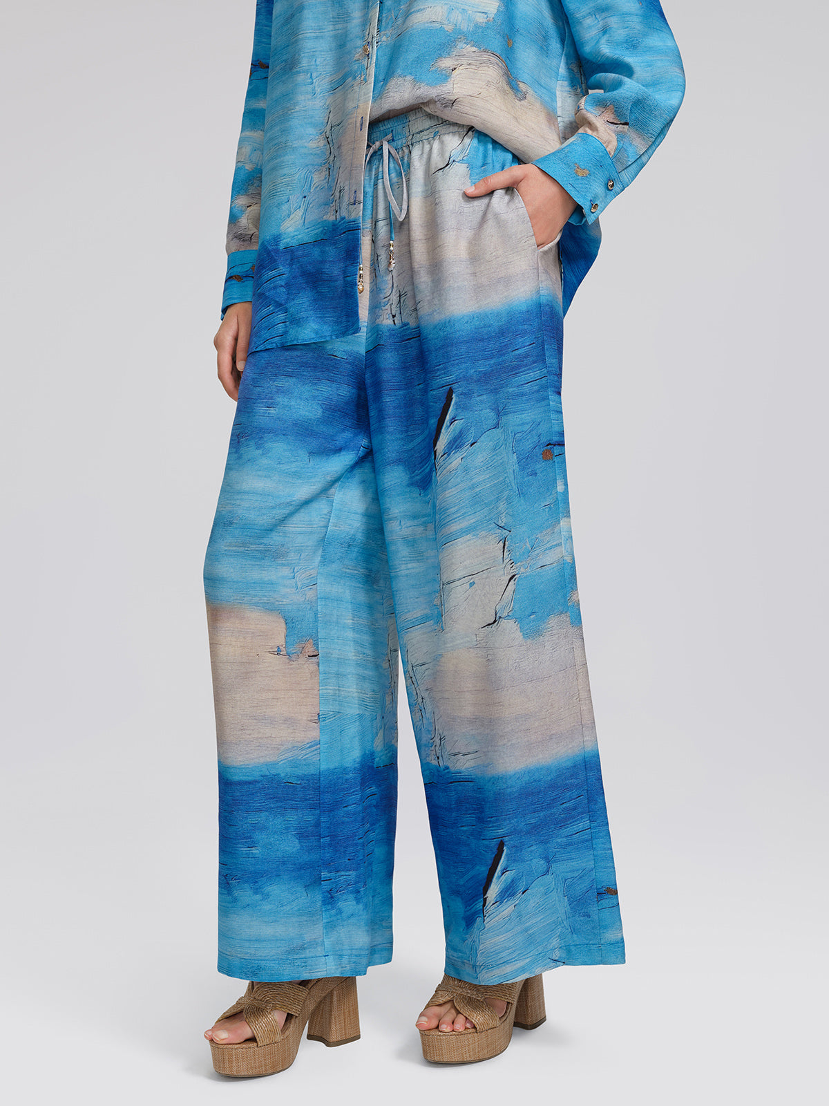 Blue Oil Painting Print Wide-Leg Pants