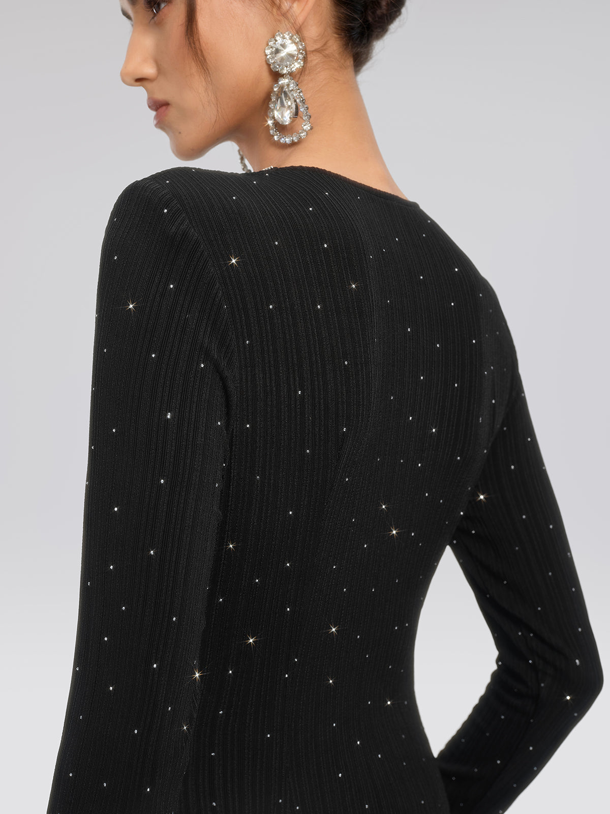 Crystal-Embellished Black Sheer Evening Gown