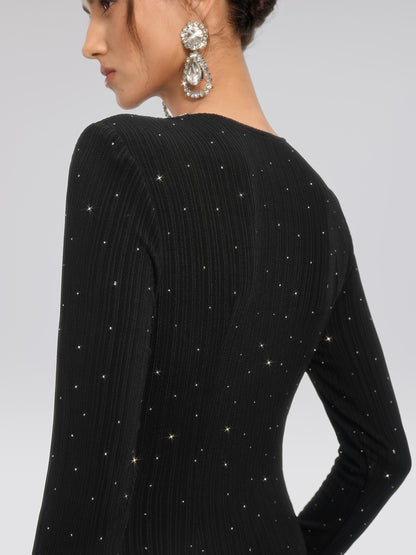 Crystal-Embellished Black Sheer Evening Gown