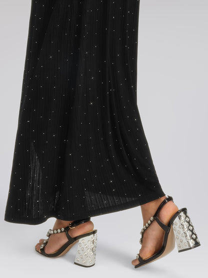 Crystal-Embellished Black Sheer Evening Gown