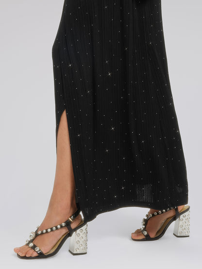 Crystal-Embellished Black Sheer Evening Gown
