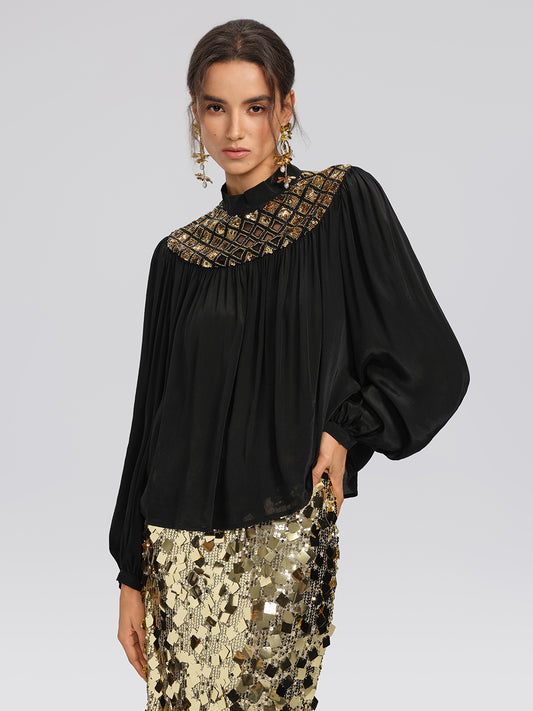 Chiffon Sequin Stand Collar Blouse