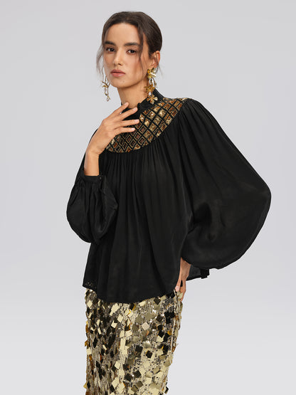 Chiffon Sequin Stand Collar Blouse