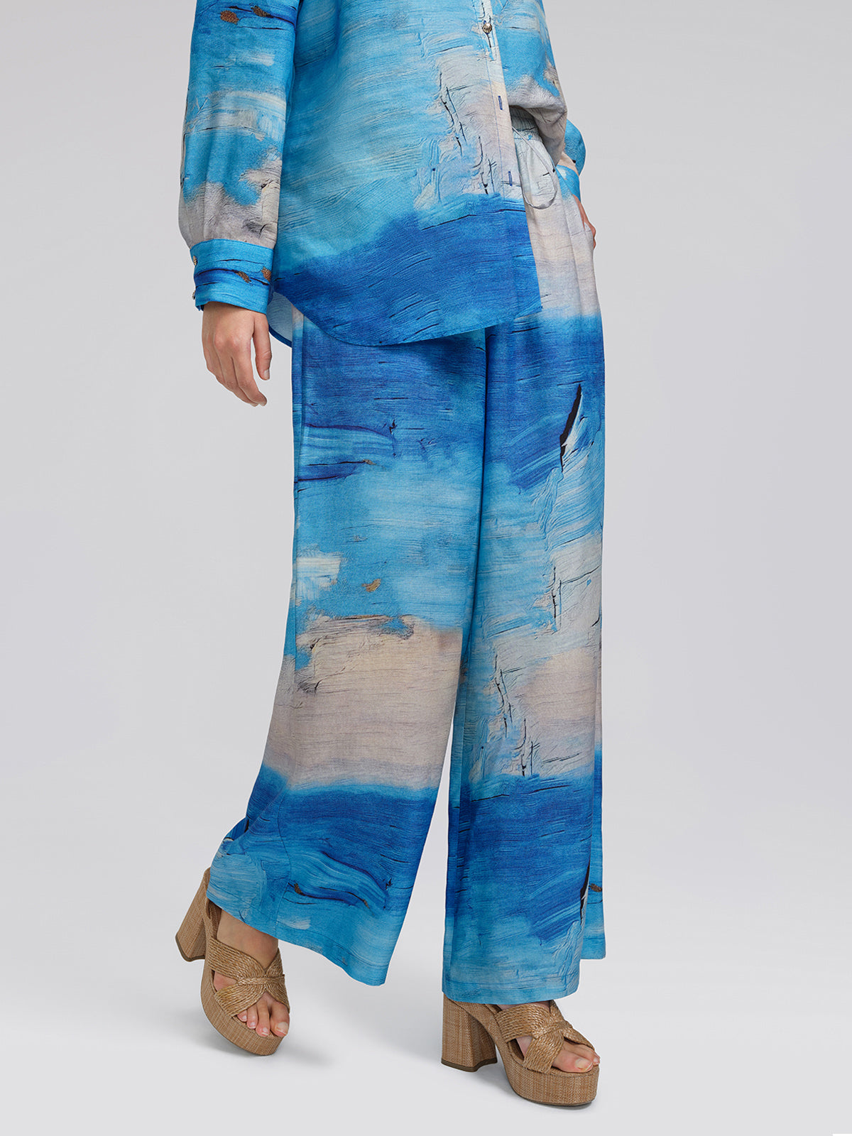 Blue Oil Painting Print Wide-Leg Pants
