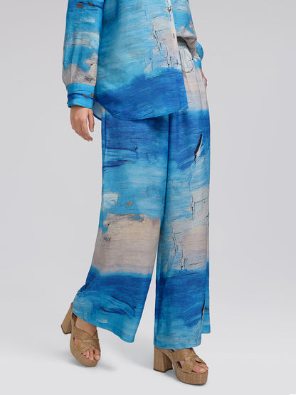 Blue Oil Painting Print Wide-Leg Pants