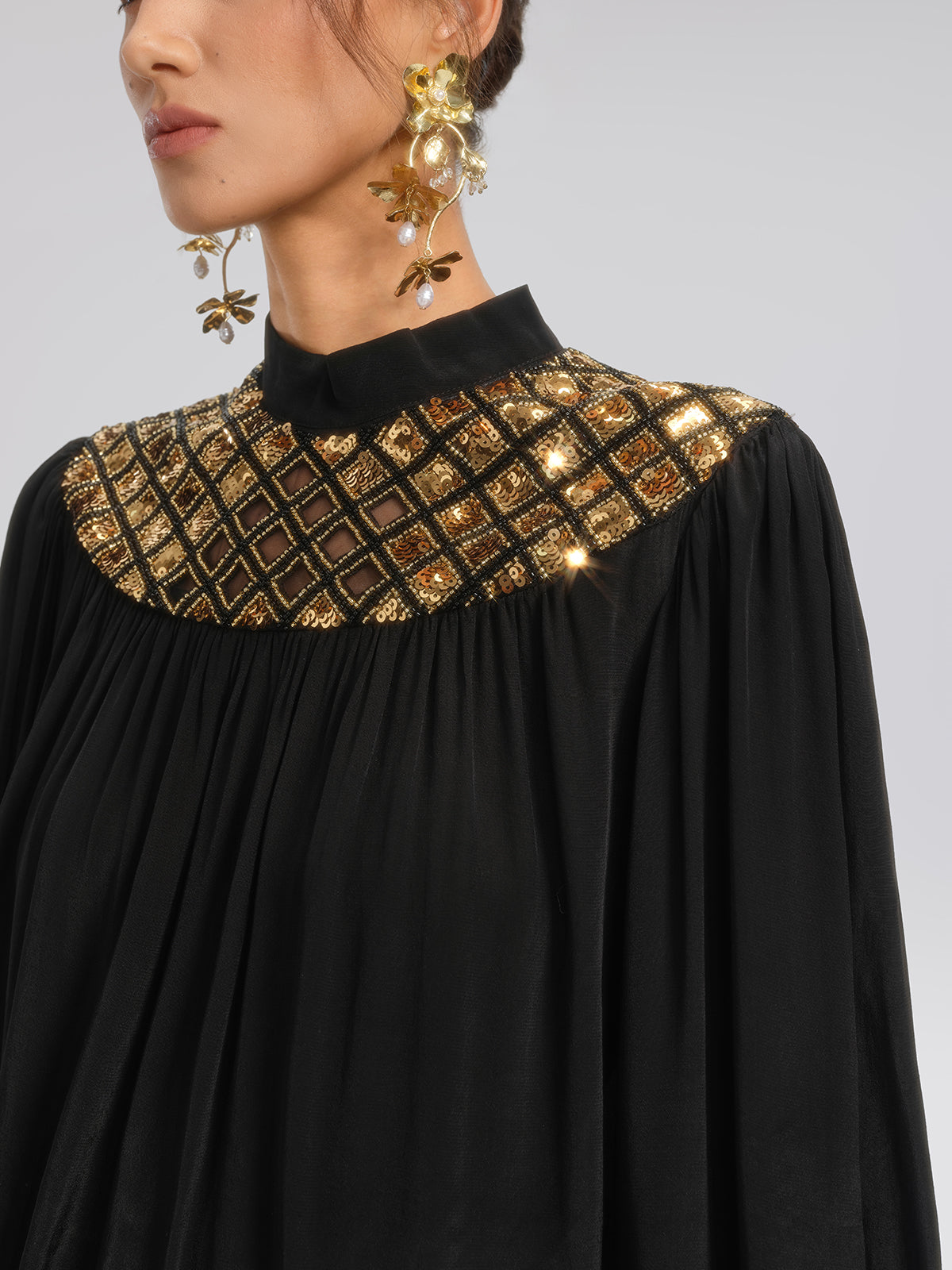 Chiffon Sequin Stand Collar Blouse