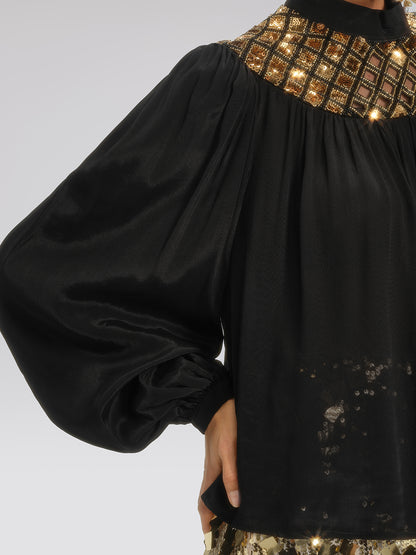 Chiffon Sequin Stand Collar Blouse