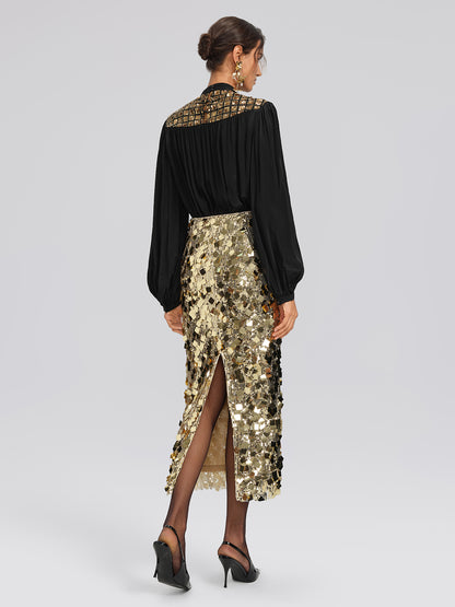 Chiffon Sequin Stand Collar Blouse