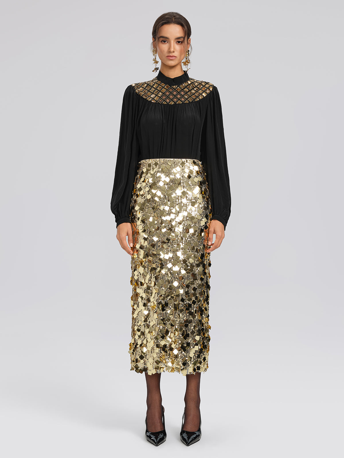 Chiffon Sequin Stand Collar Blouse