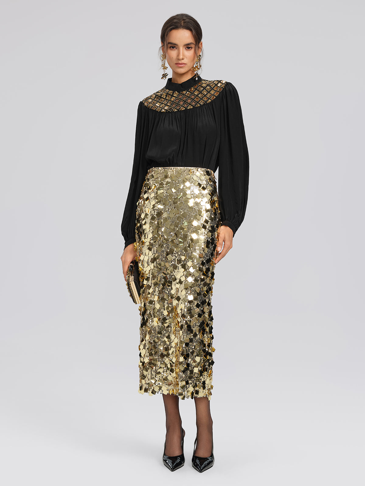 Chiffon Sequin Stand Collar Blouse