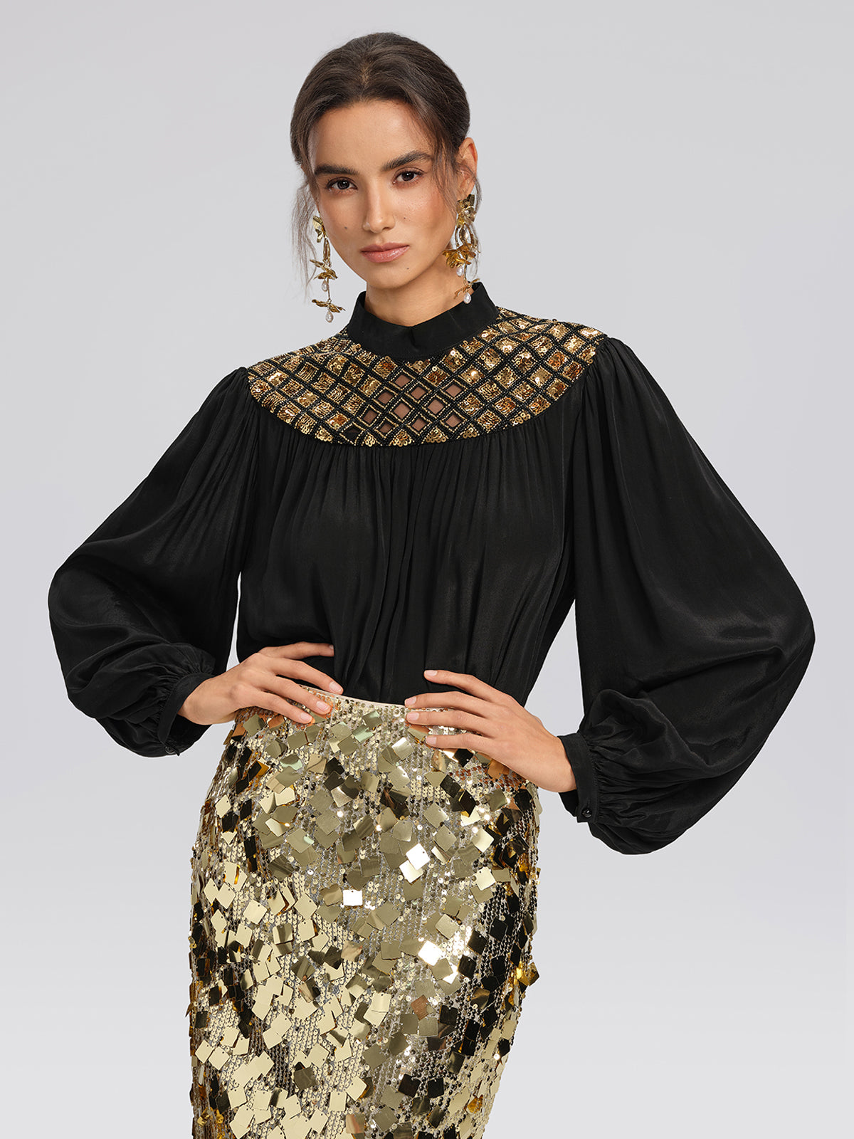 Chiffon Sequin Stand Collar Blouse