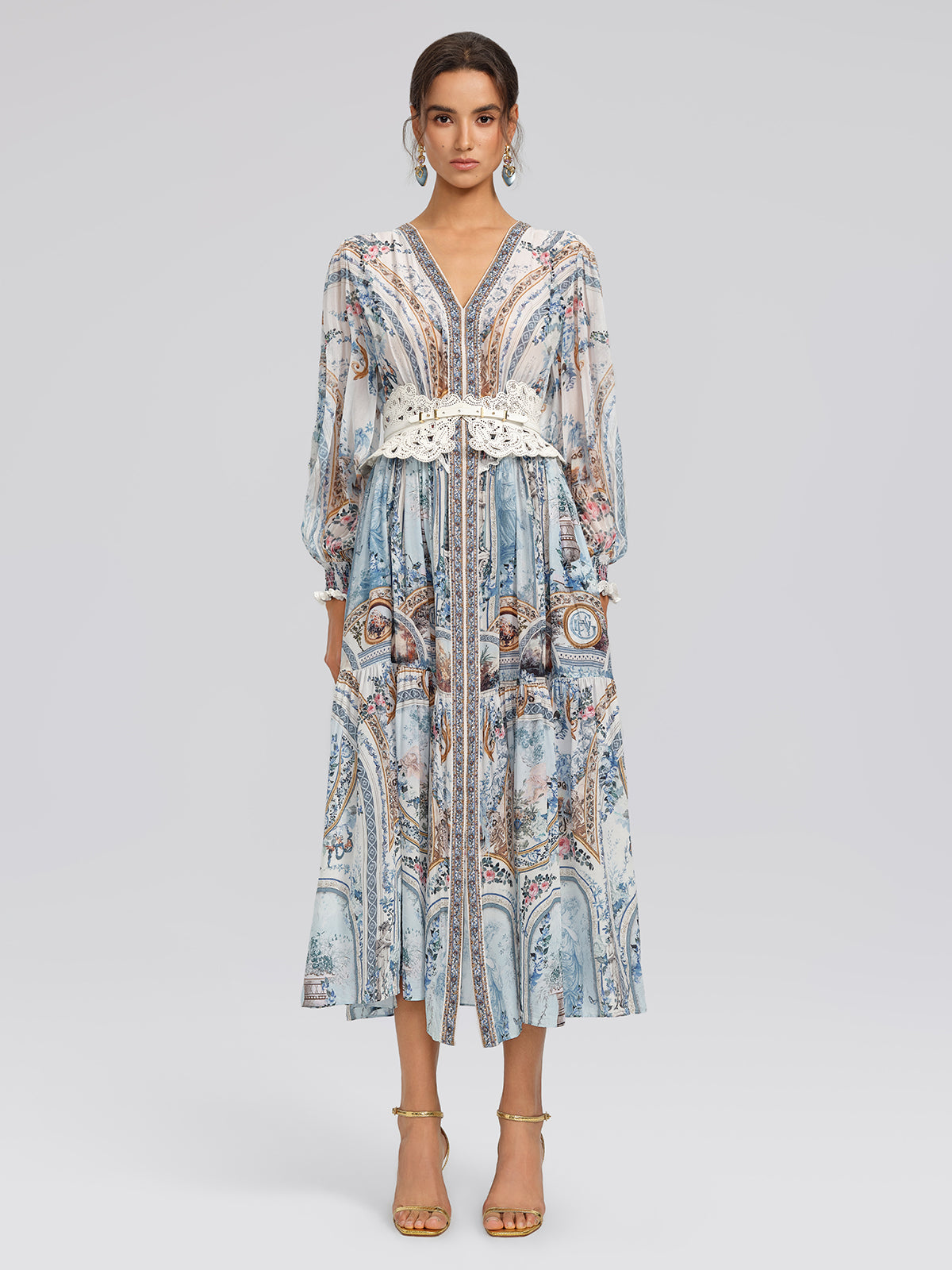 Silk Printed Rhinestones Elastic Waist Dress (Belt Not Included)