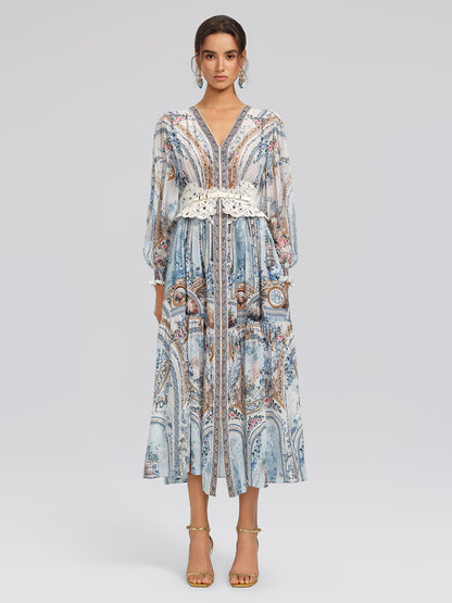 Silk Printed Rhinestones Elastic Waist Dress (Belt Not Included)