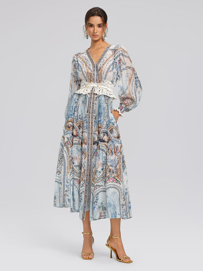 Silk Printed Rhinestones Elastic Waist Dress (Belt Not Included)