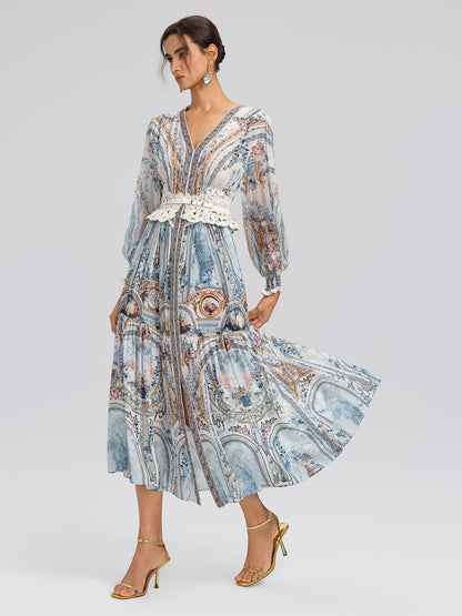 Silk Printed Rhinestones Elastic Waist Dress (Belt Not Included)