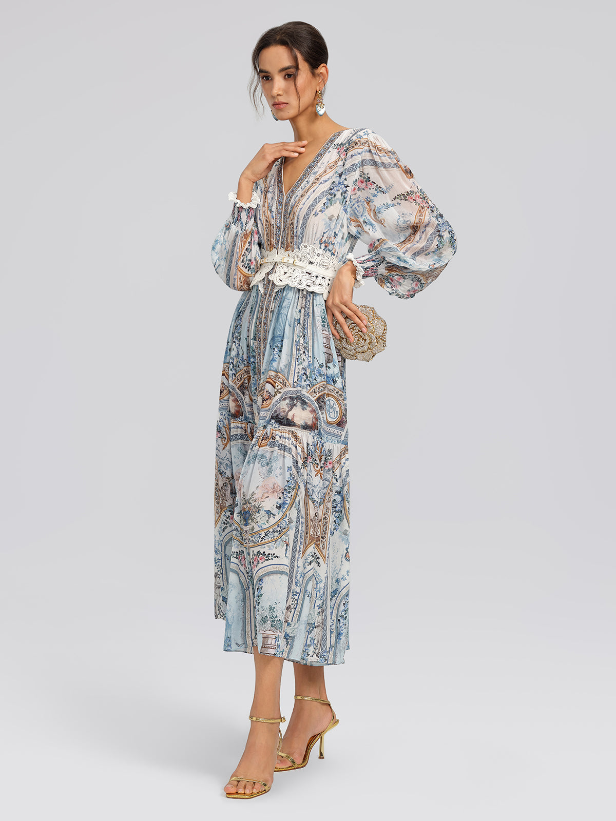 Silk Printed Rhinestones Elastic Waist Dress (Belt Not Included)